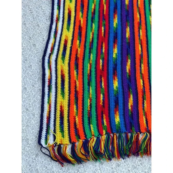 Rainbow Colors Granny Crochet Afghan Tasseled Fringed Blanket Multi 42" - Picture 6 of 11